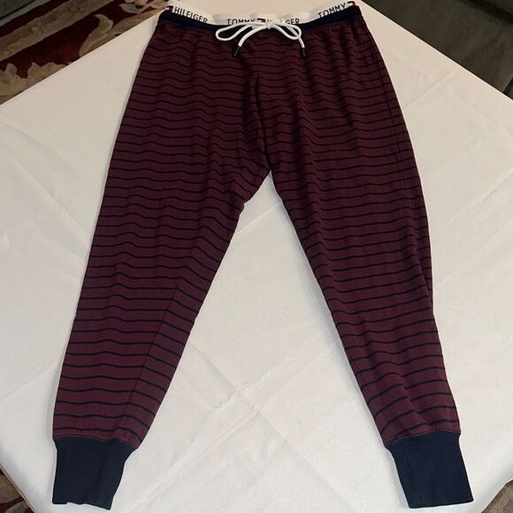 Tommy Hilfiger Burgundy/Navy Striped Drawstring Joggers Size Small - Picture 1 of 10